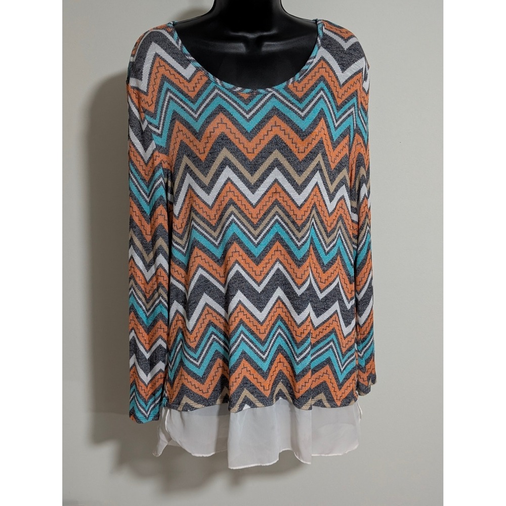 Isela Chevron Print Tunic Top Long Sleeve Layered Hem Teal Orange Size L